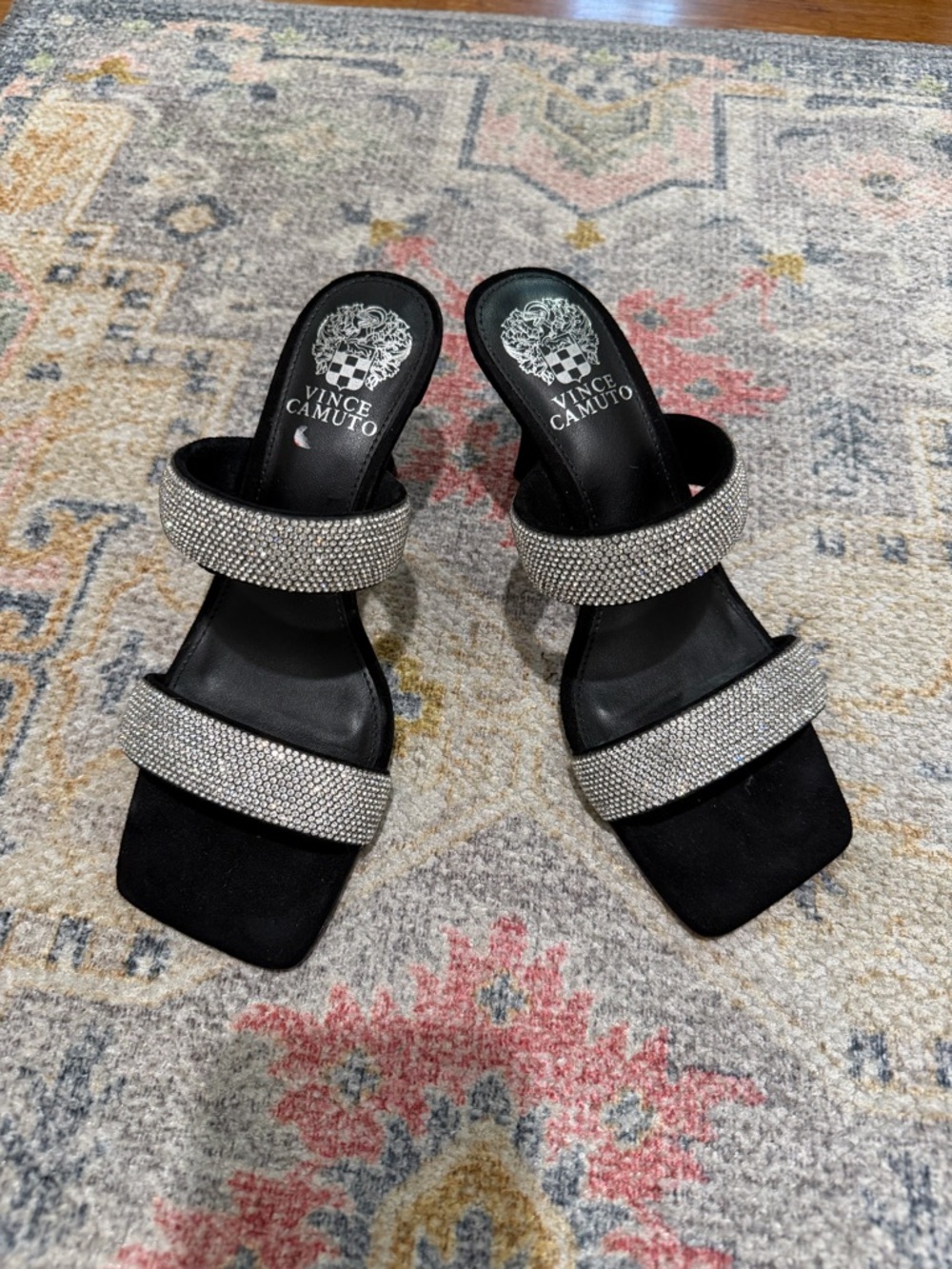 Vince Camuto Aslee 2 Women’s Silver Rhinestone Black Suede Mule Heels SZ 6.5